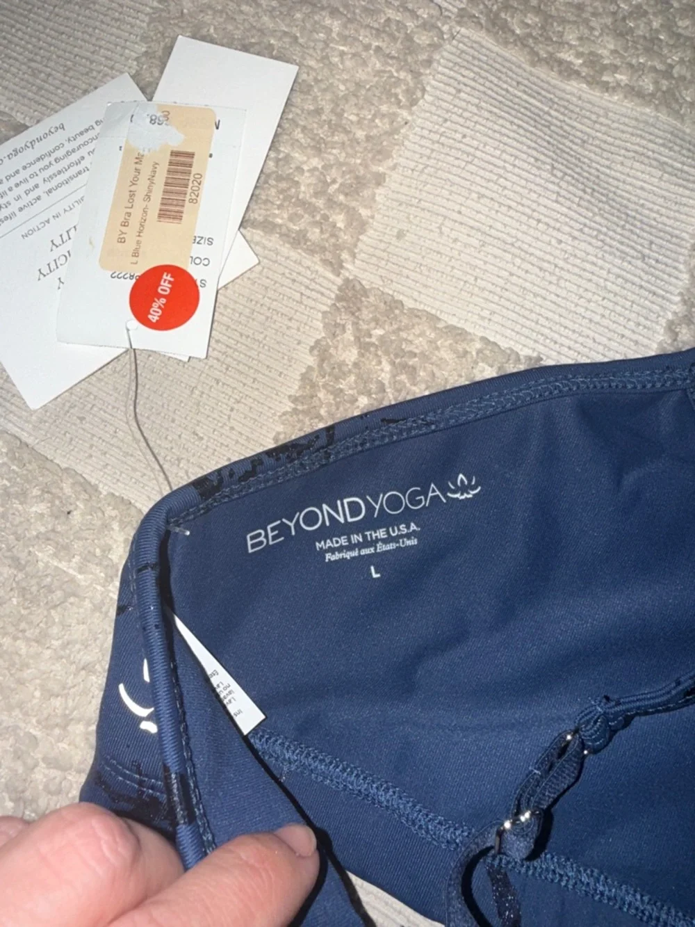 NWT Beyond Yoga Navy Marble-Print‎ Strappy Sports Bra size L